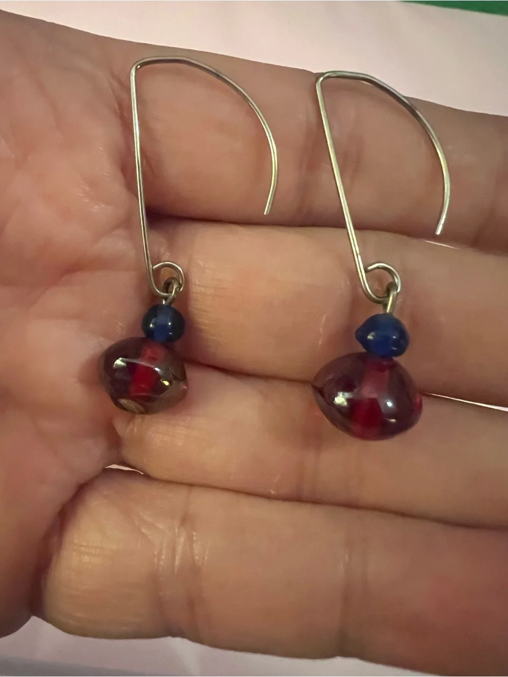 Artisan Handcrafted Deep Red & Blue Glass Dangle Earrings - Long Hooks